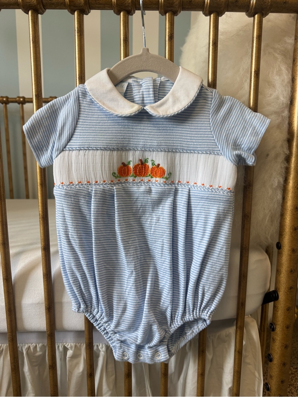 Blue Striped Baby boy bubble with Pumpkin Embroidery